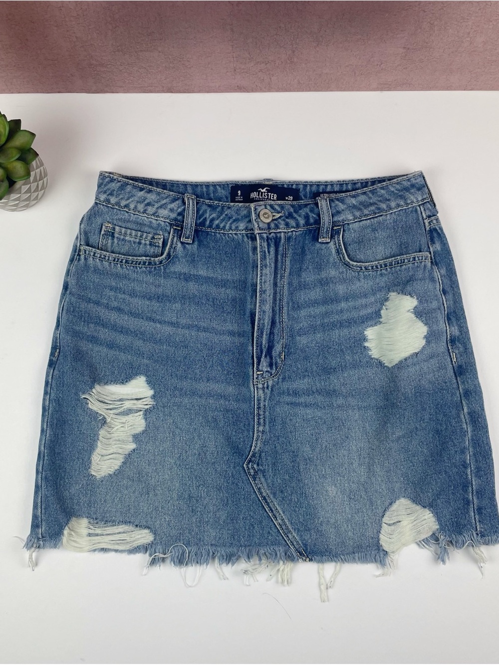 Hollister Ultra High Rise Blue Denim Frayed Distressed Mini Jean Skirt Women 29
